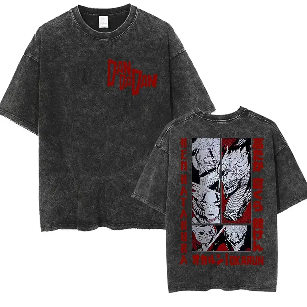 Vintage washed Dandadan Okarun graphic T-shirt by Infinite Visibility, featuring bold anime-inspired character design.