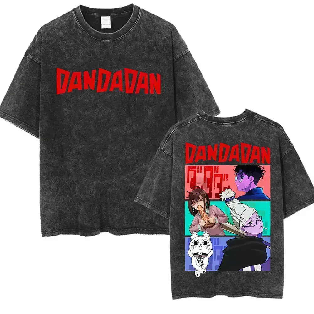 Vintage washed Dandadan Okarun graphic T-shirt by Infinite Visibility featuring colorful Okarun illustration on soft cotton fabric.