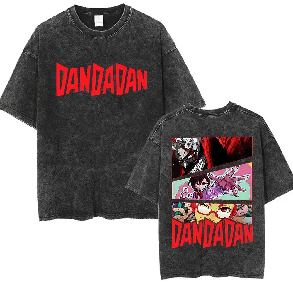 Vintage washed Dandadan Okarun graphic T-shirt by Infinite Visibility, featuring bold anime-inspired artwork on soft cotton.