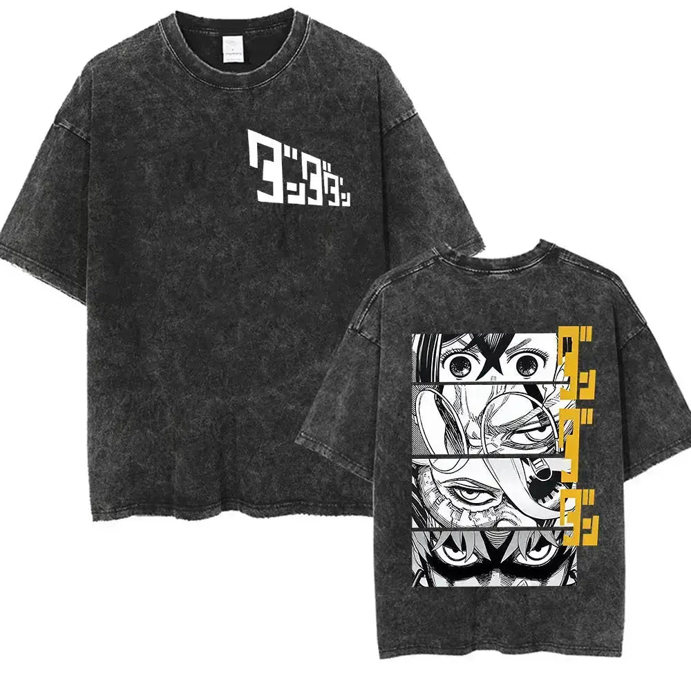 Vintage washed Dandadan Okarun graphic T-shirt by Infinite Visibility featuring bold artwork on soft cotton fabric.