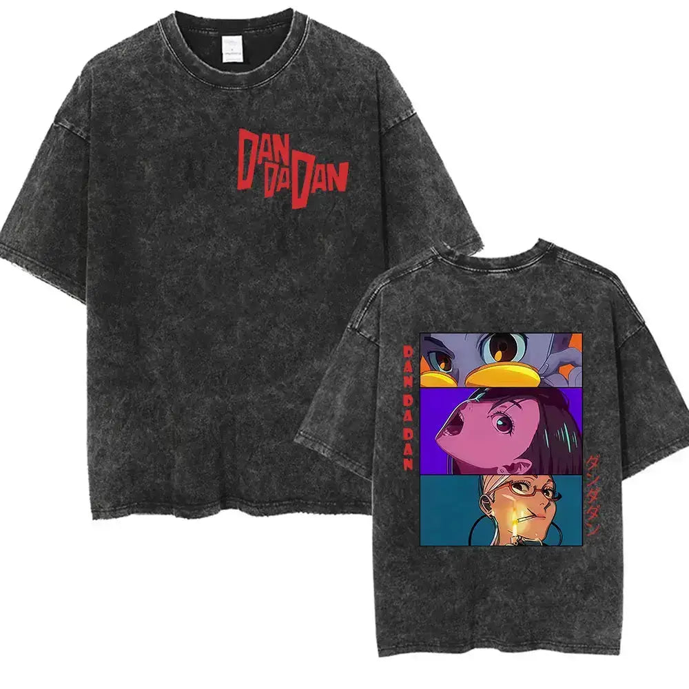 Vintage washed Dandadan Okarun graphic T-shirt by Infinite Visibility featuring a bold anime-inspired design on soft cotton fabric.