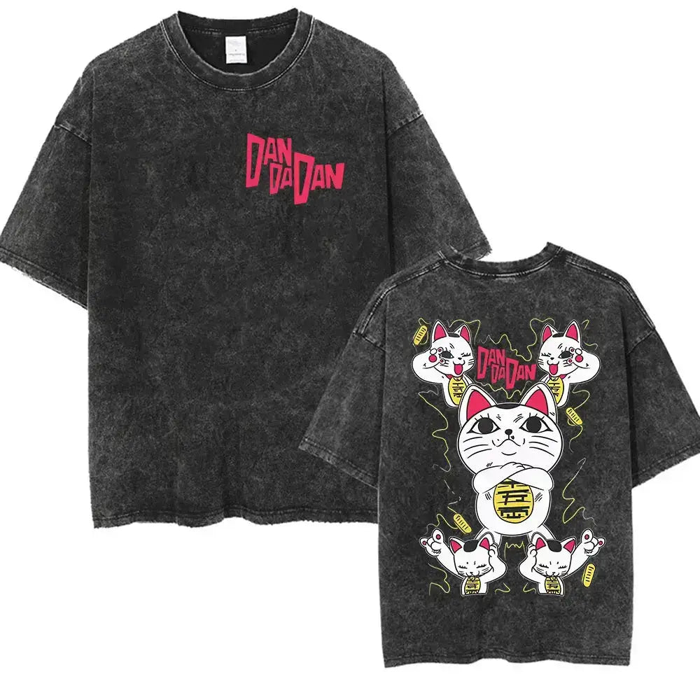Vintage washed Dandadan Okarun graphic T-shirt by Infinite Visibility, featuring colorful cartoon character design.
