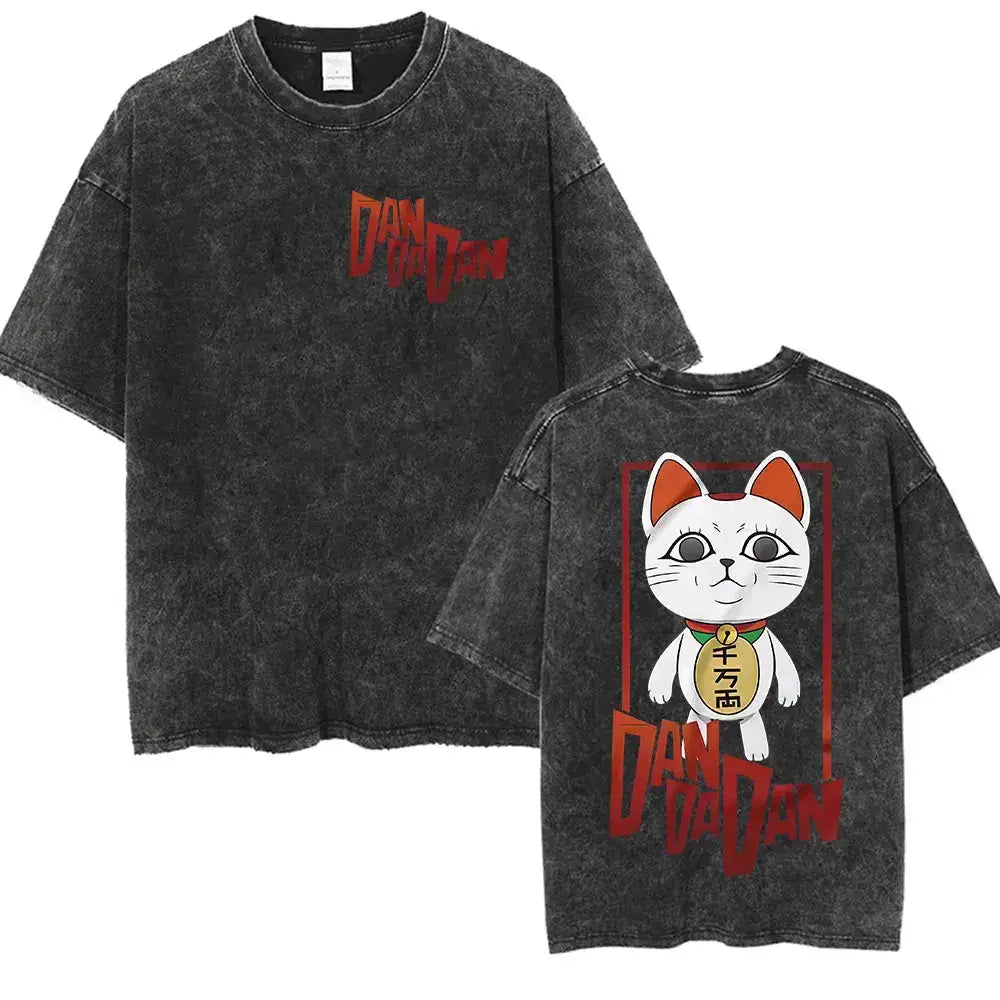 Vintage washed Dandadan Okarun graphic T-shirt by Infinite Visibility, featuring bold anime-inspired design on soft cotton fabric.