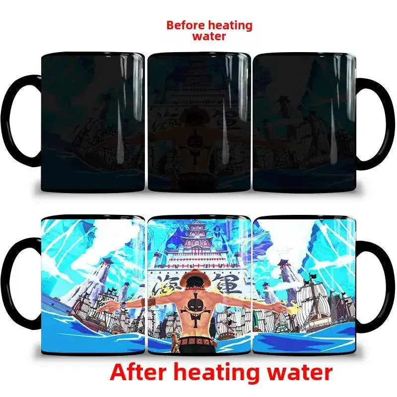 Color changing mug featuring Nika Luffy and Ace from One Piece, with vibrant character artwork by Infinite Visibility.