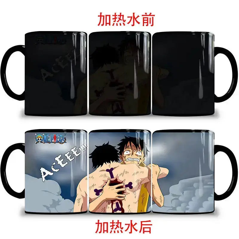 Color changing mug featuring Nika Luffy and Ace from One Piece, with vibrant character images on a magic mug by Infinite Visibility.