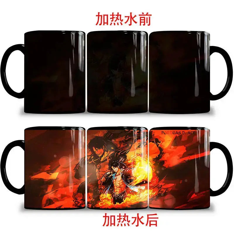 Color changing mug featuring Nika Luffy and Ace from One Piece, with vibrant character images on a magic cup by Infinite Visibility.