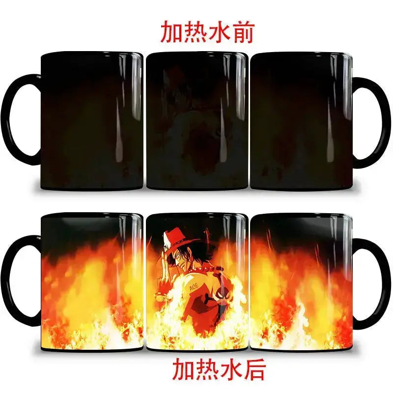 Color changing mug featuring Nika Luffy and Ace from One Piece, with vibrant character illustrations on a magic cup by Infinite Visibility.