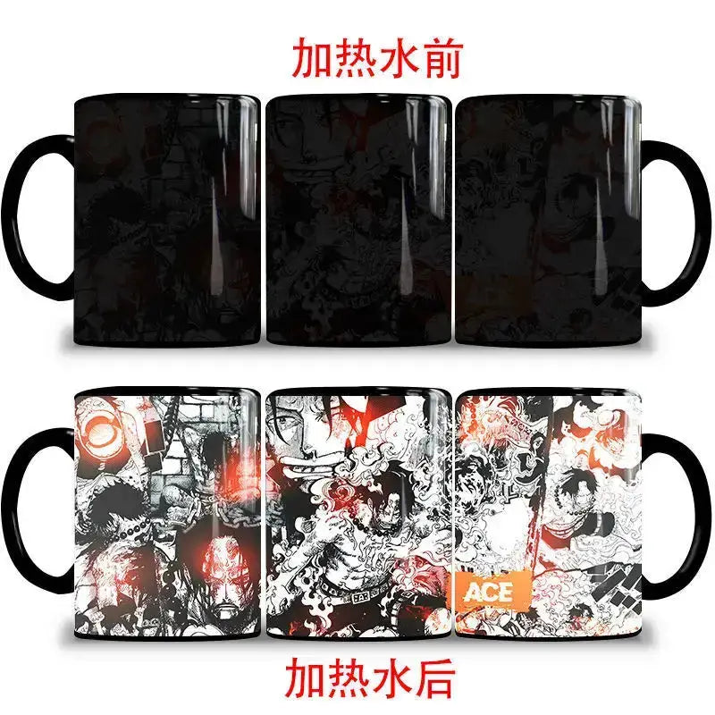 Color changing mug featuring Nika Luffy and Ace from One Piece, with vibrant artwork visible when the cup is cold.