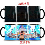 Color changing One Piece mug featuring Nika Luffy and Ace, with vibrant designs visible when filled with hot liquid.