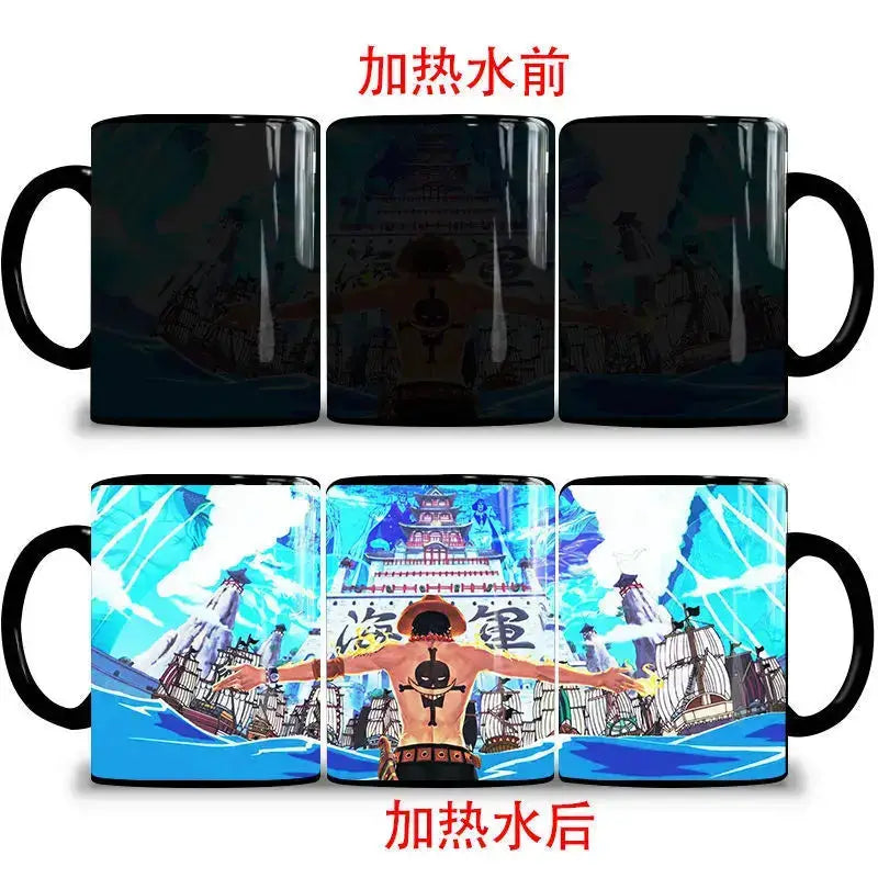Color changing One Piece mug featuring Nika Luffy and Ace, with vibrant designs visible when filled with hot liquid.