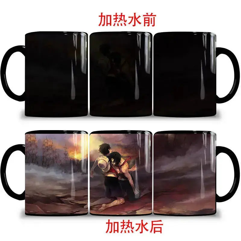 Color changing mug featuring Nika Luffy and Ace from One Piece, with vibrant character images on a black background.
