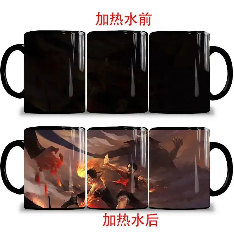 Color changing mug featuring Nika Luffy and Ace from One Piece, with vibrant character images on a magic cup by Infinite Visibility.