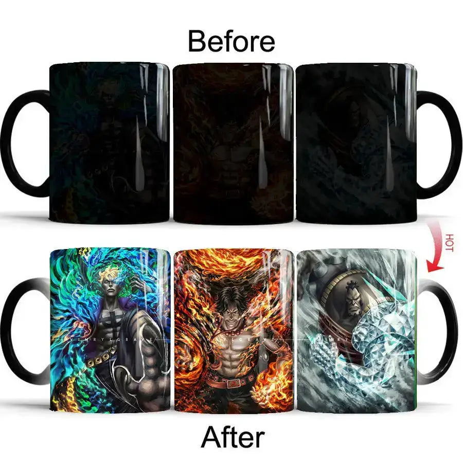 Color changing mug featuring Nika Luffy and Ace from One Piece, with vibrant character artwork on a magic cup by Infinite Visibility.