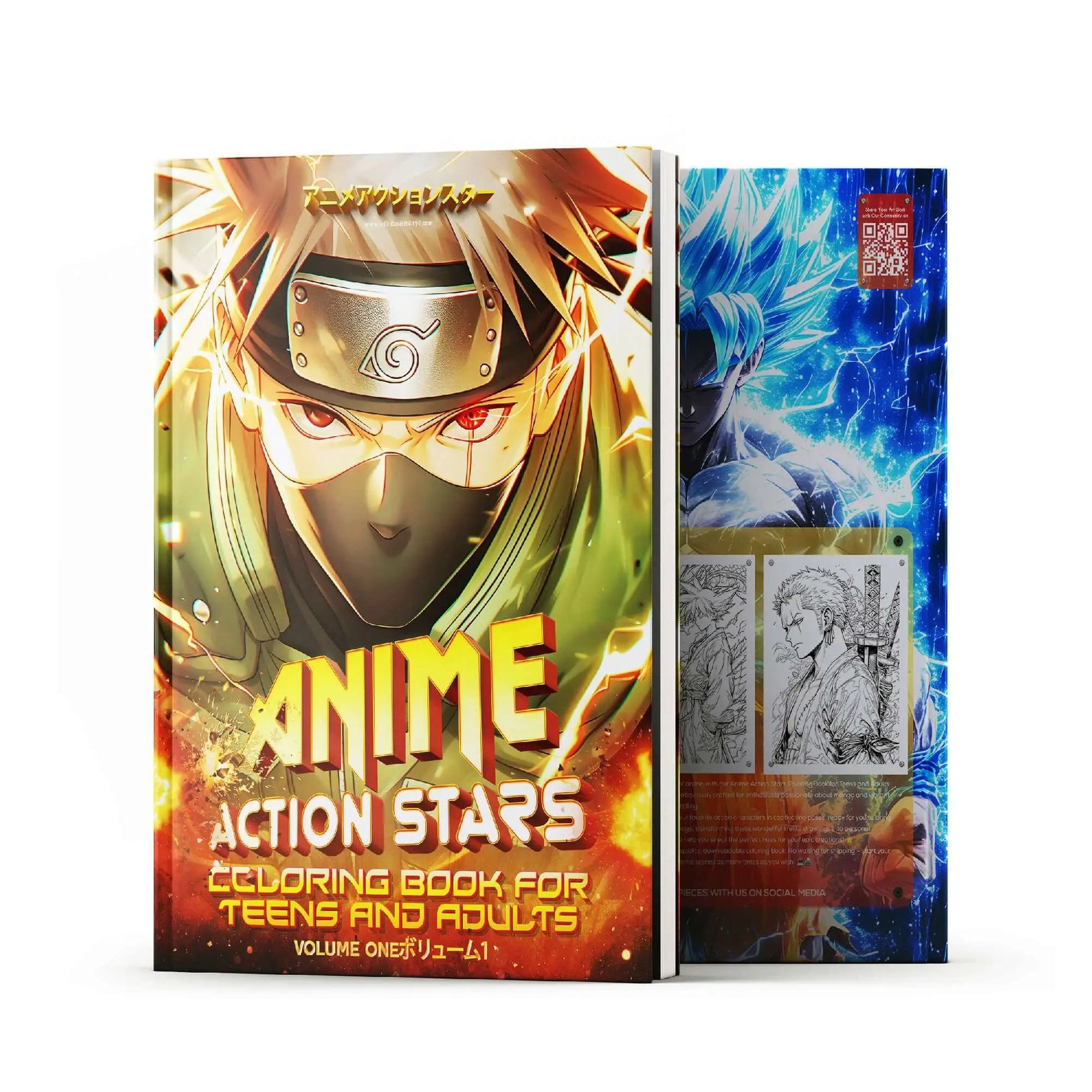 Anime Action Stars Coloring Book Vol 1 by Infinite Visibility featuring 60 pages of anime characters for teens and adults to color.