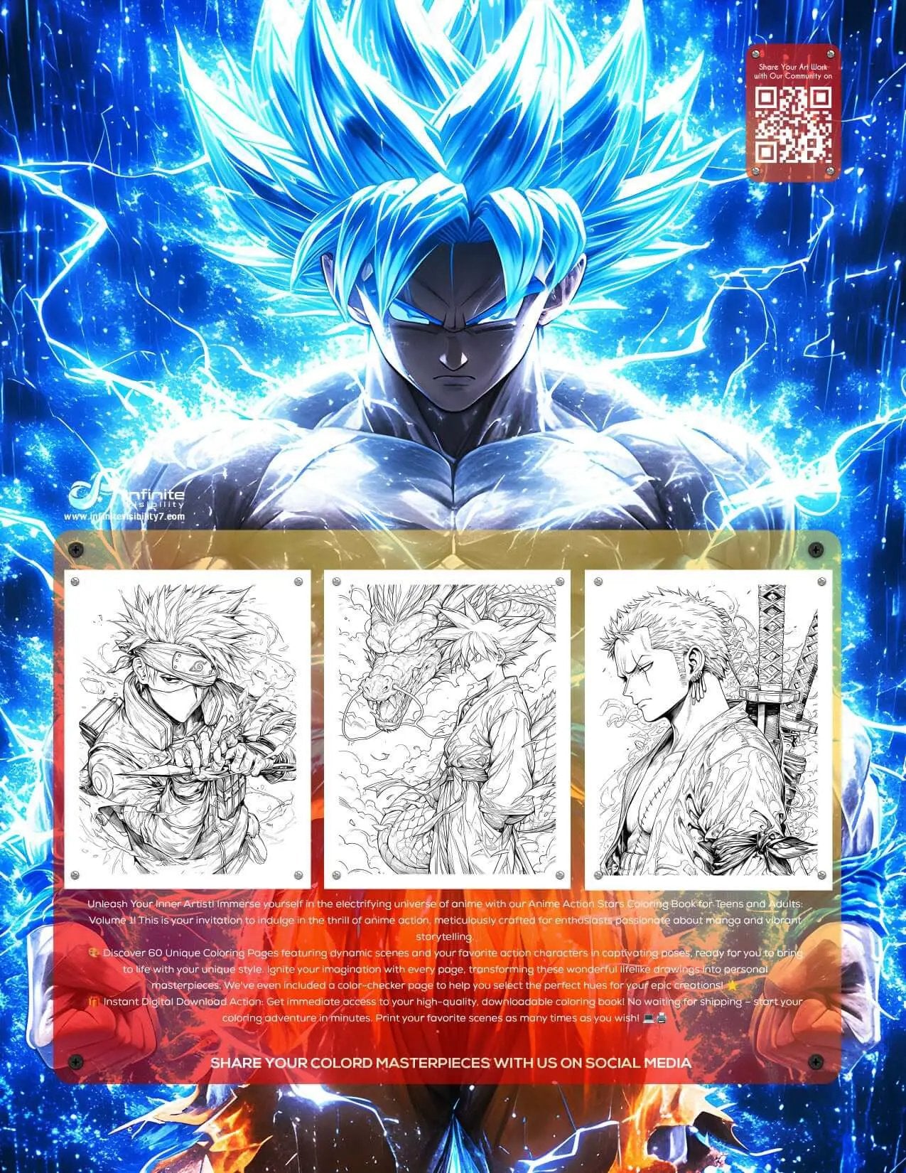 Anime Action Stars coloring book for teens and adults, featuring dynamic anime character illustrations on 60 pages.