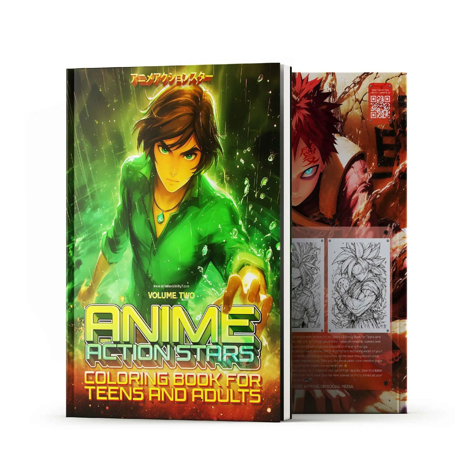 Anime Action Stars Coloring Book Vol 2 by Infinite Visibility with 60 new pages for teens and adults, featuring anime-themed illustrations.