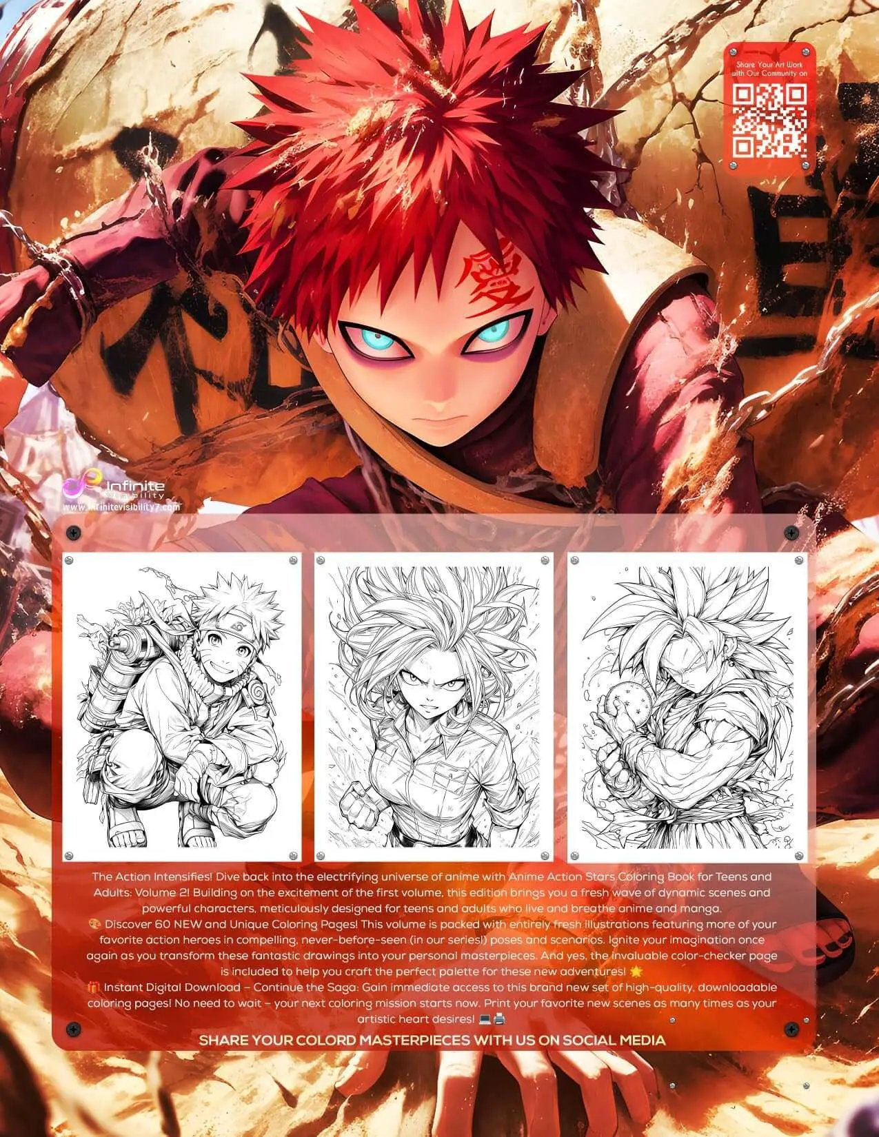 Anime Action Stars Coloring Book Vol 2 by Infinite Visibility featuring 60 new pages for teens and adults to color.