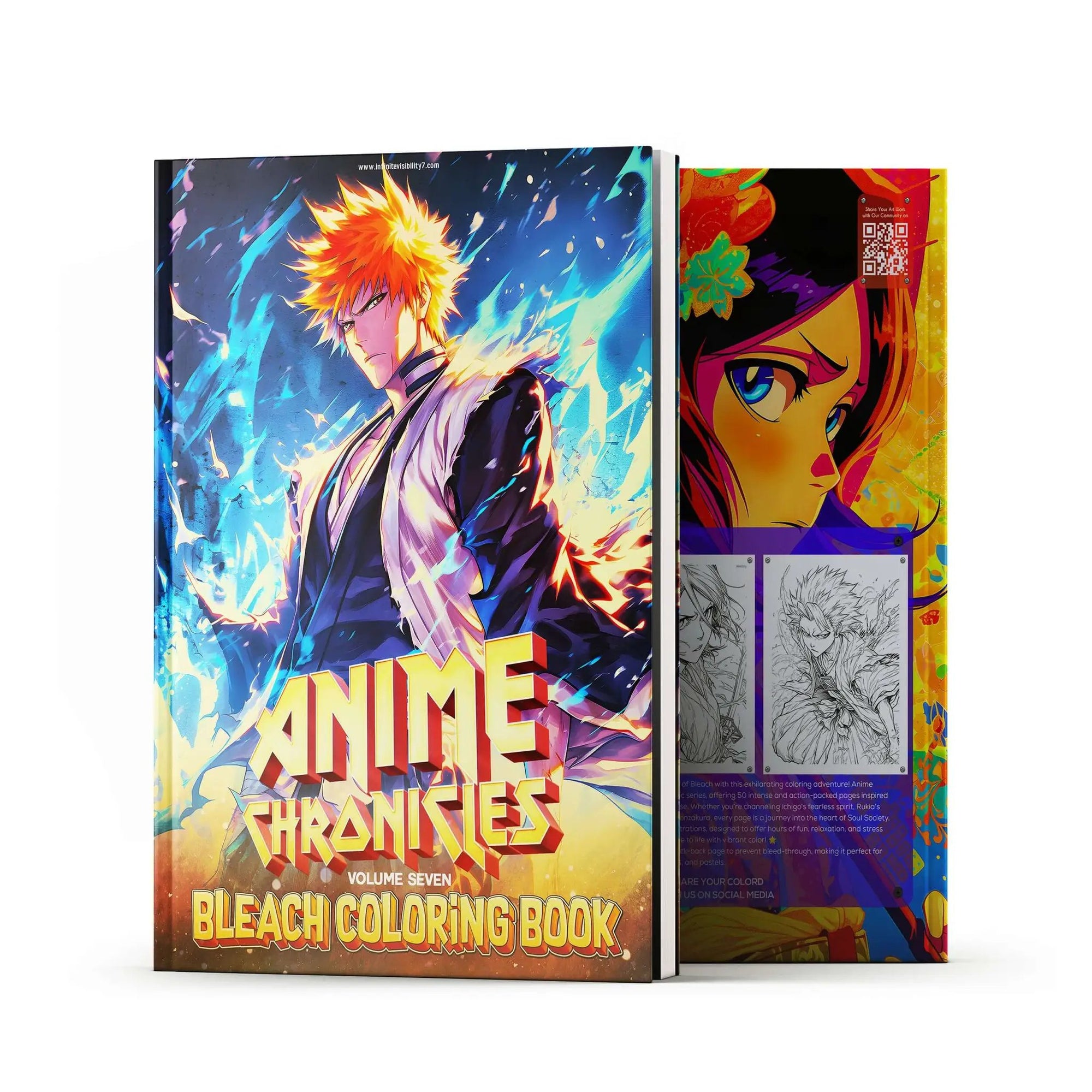 Anime Chronicles: Bankai Unleashed! Bleach coloring book volume 7 by Infinite Visibility, featuring detailed anime character illustrations.