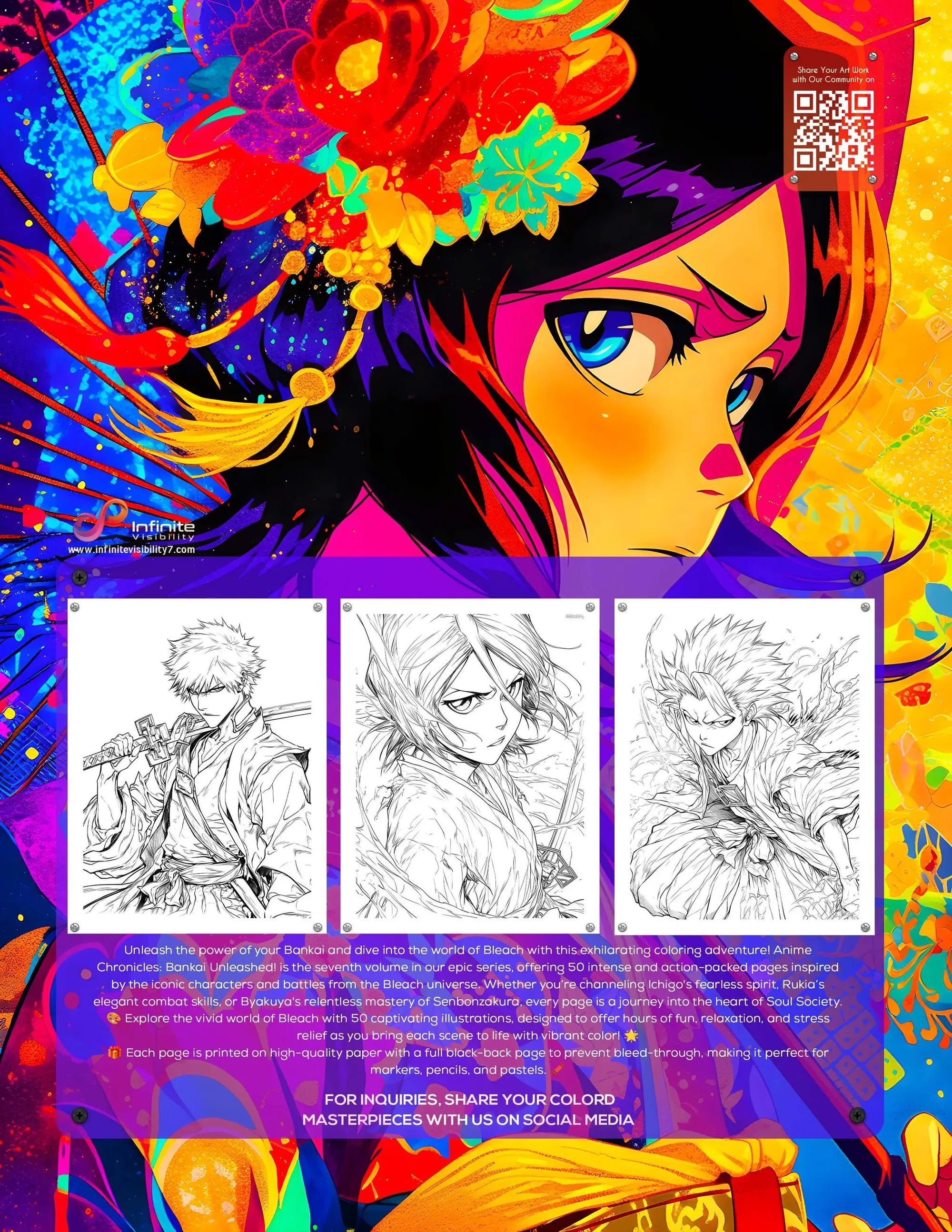 Anime Chronicles: Bankai Unleashed! Bleach coloring book by Infinite Visibility featuring dynamic anime characters and scenes from Volume 7.