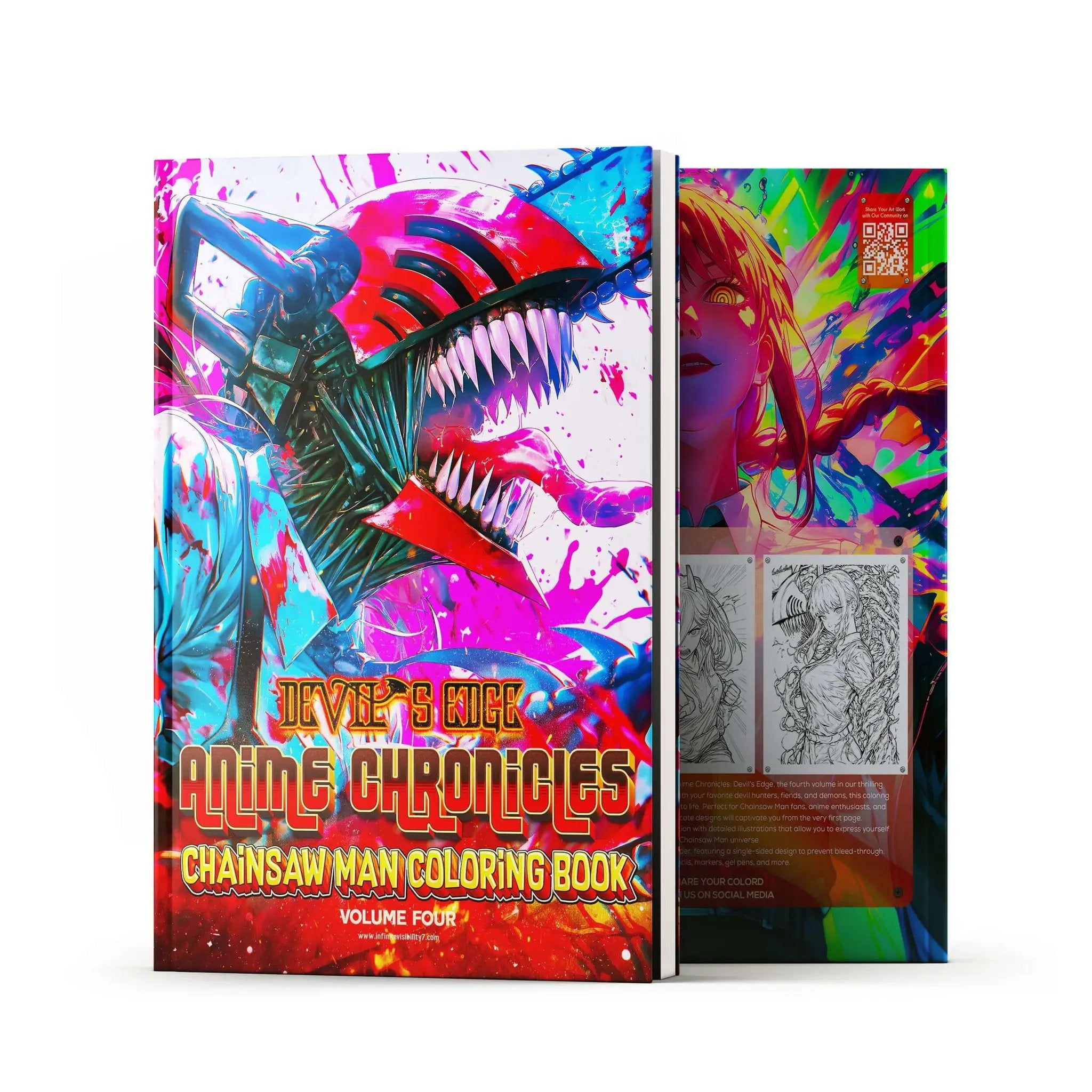Anime Chronicles: Devil’s Edge Chainsaw Man coloring book volume 4 PDF by Infinite Visibility featuring detailed anime art pages.