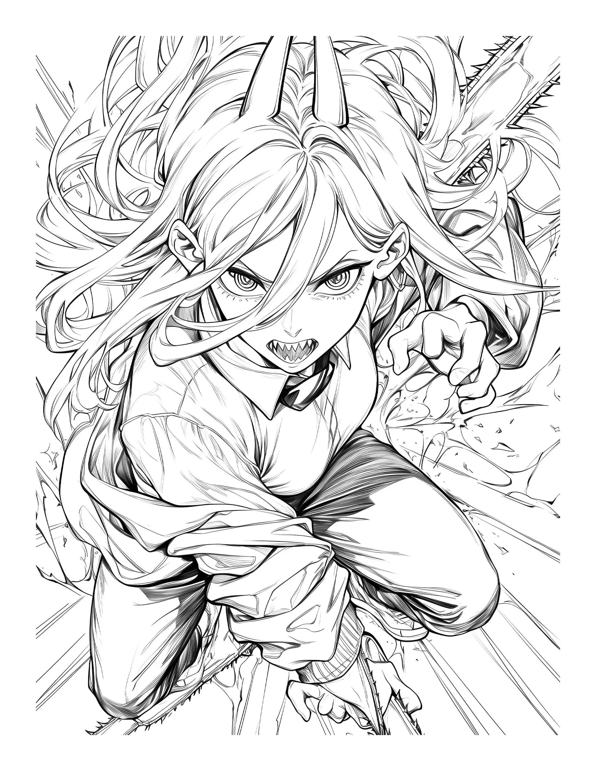 Anime Chronicles: Devil’s Edge Chainsaw Man coloring book PDF by Infinite Visibility, featuring detailed illustrations from Volume 4.