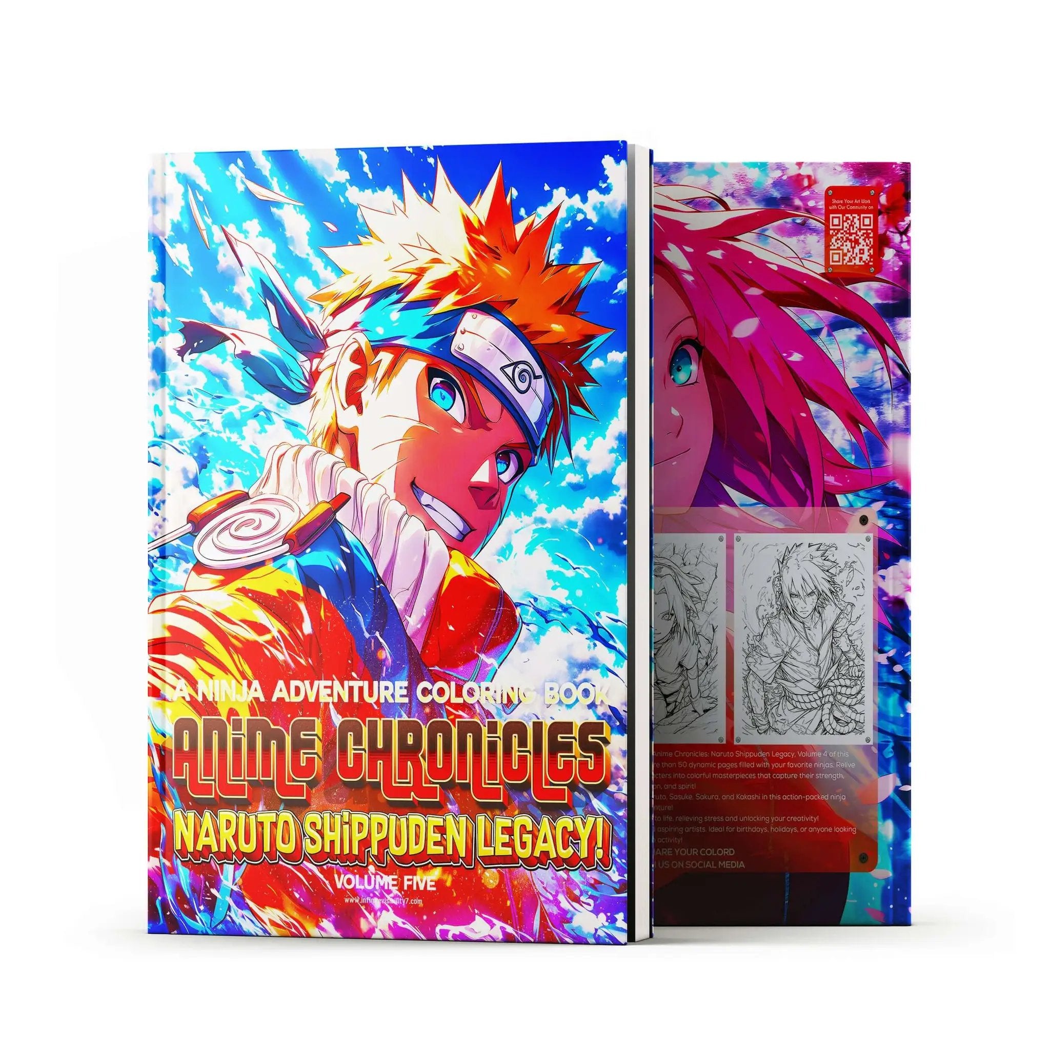Coloring book cover for Naruto Shippuden Legacy! A Ninja Adventure by Infinite Visibility featuring anime ninja characters and vibrant artwork.