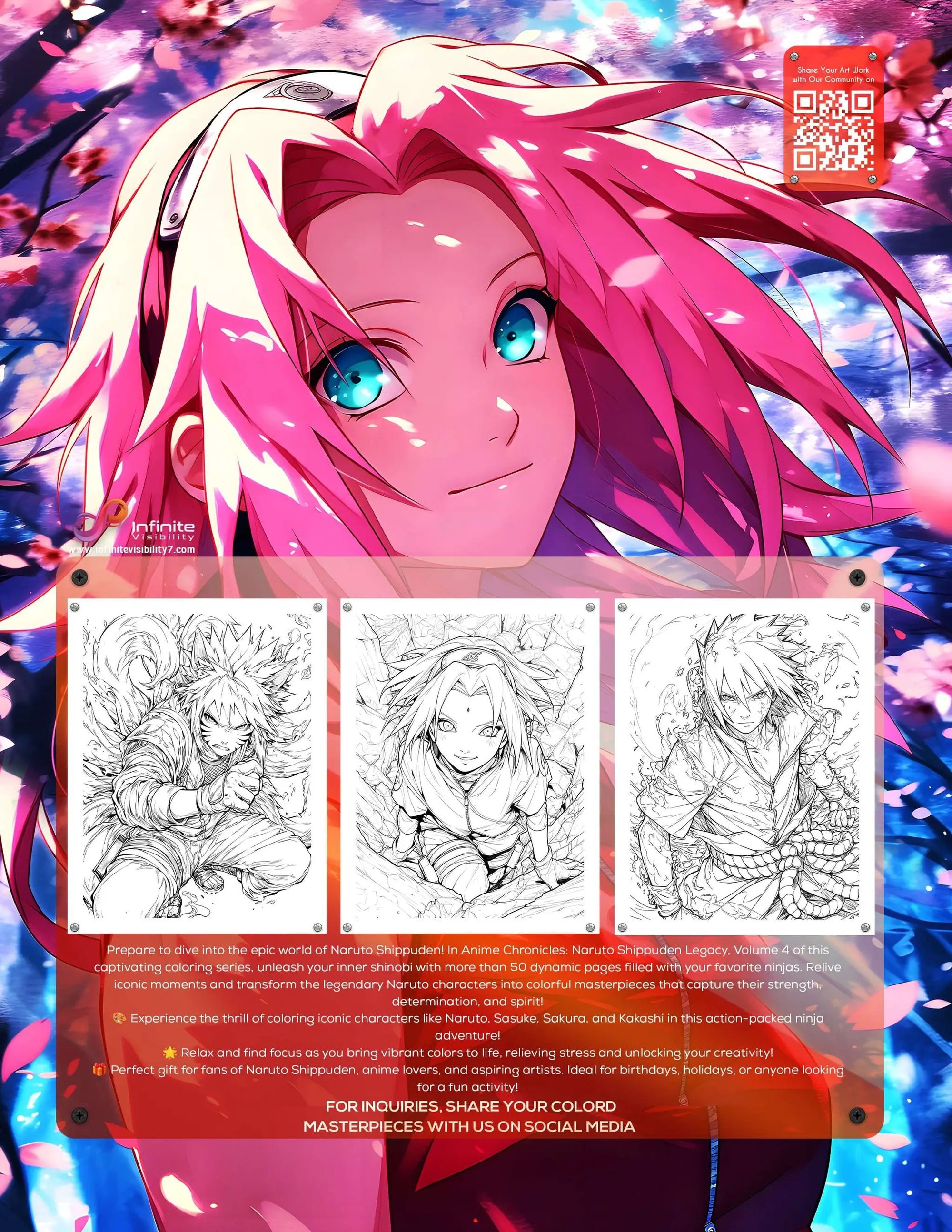 Back cover of Infinite Visibility's Naruto Shippuden Legacy coloring book featuring ninja characters from the anime series.