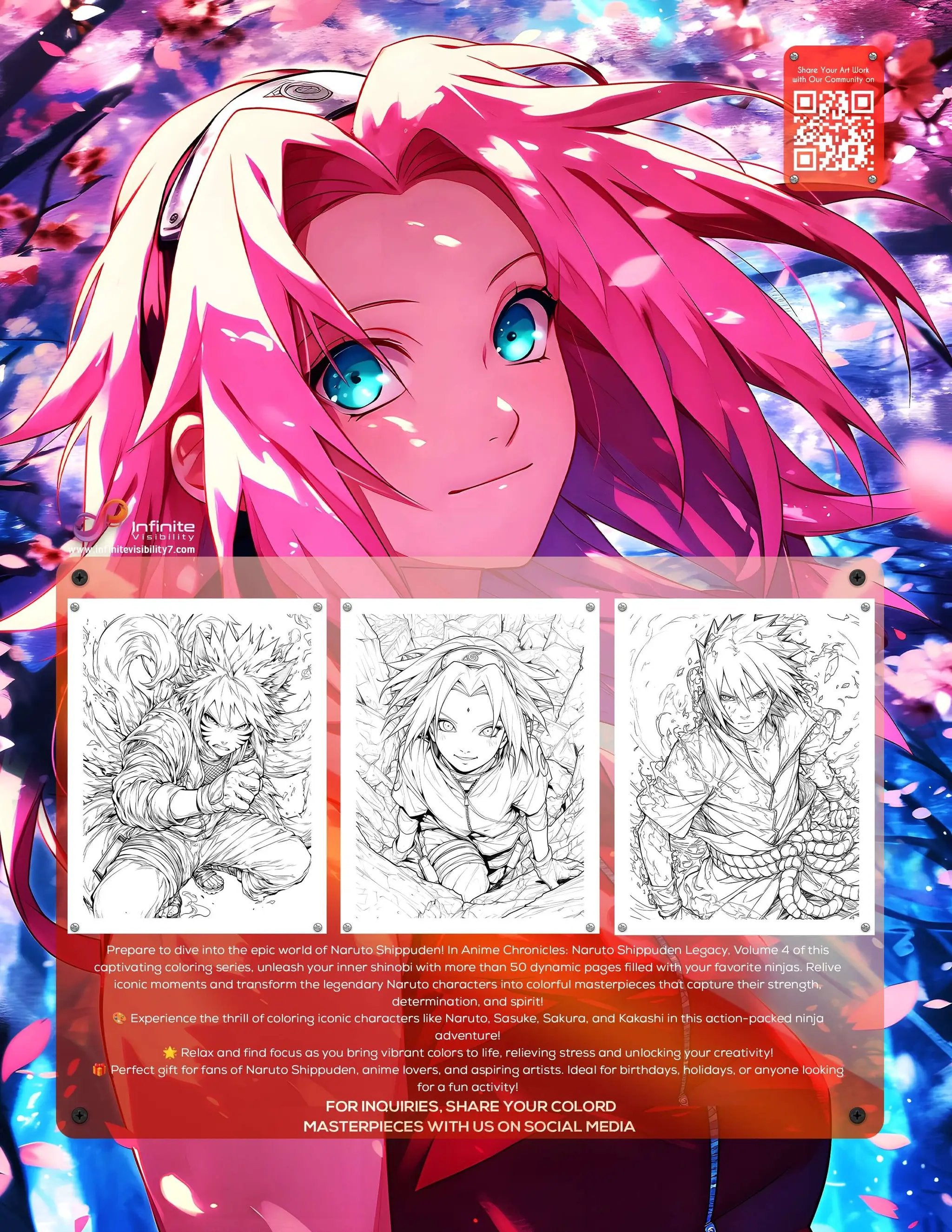 Back cover of Infinite Visibility's Naruto Shippuden Legacy coloring book featuring ninja characters from the anime series.