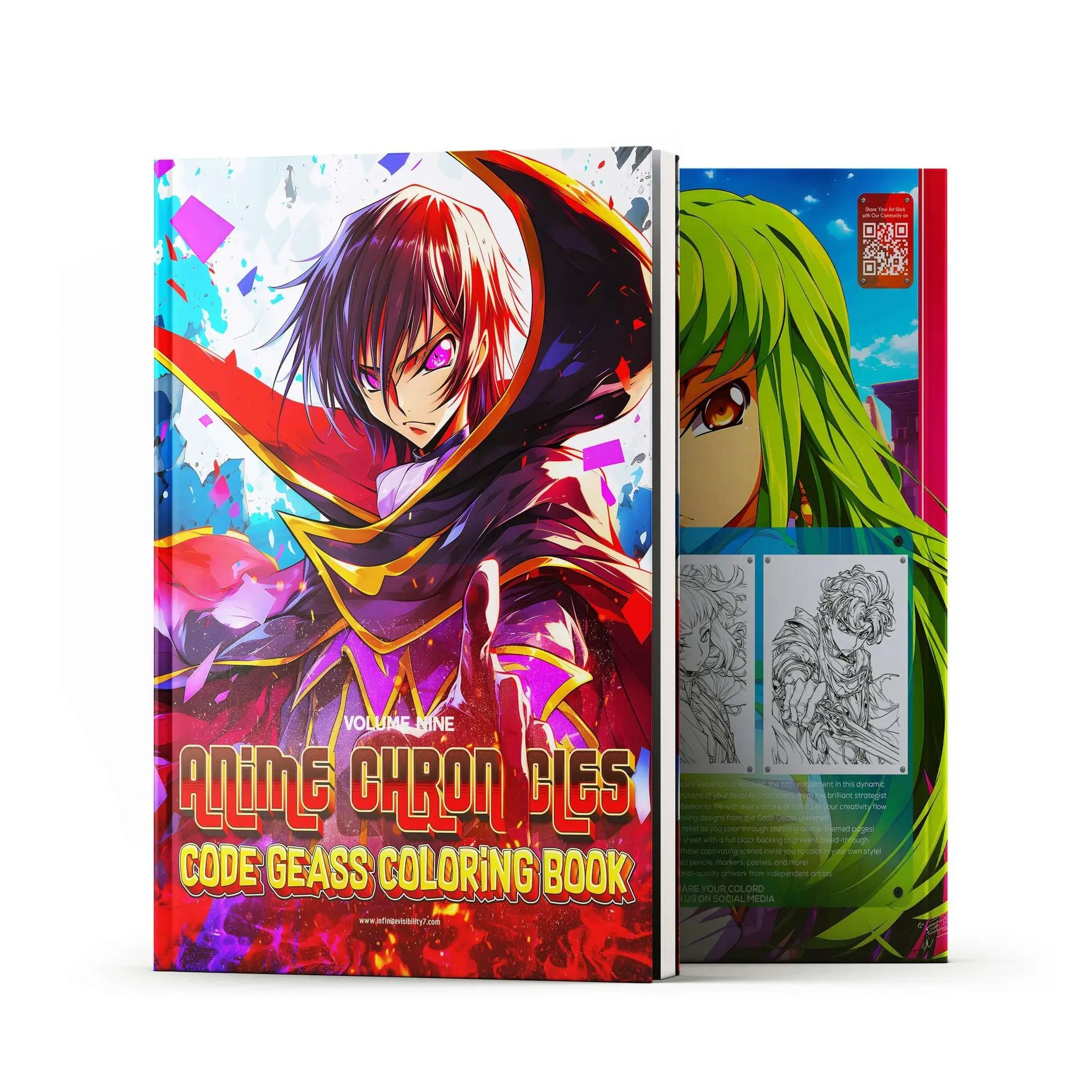 Anime Chronicles: Rebellion Unleashed! Code Geass coloring book volume 9 by Infinite Visibility, featuring anime-themed illustrations.