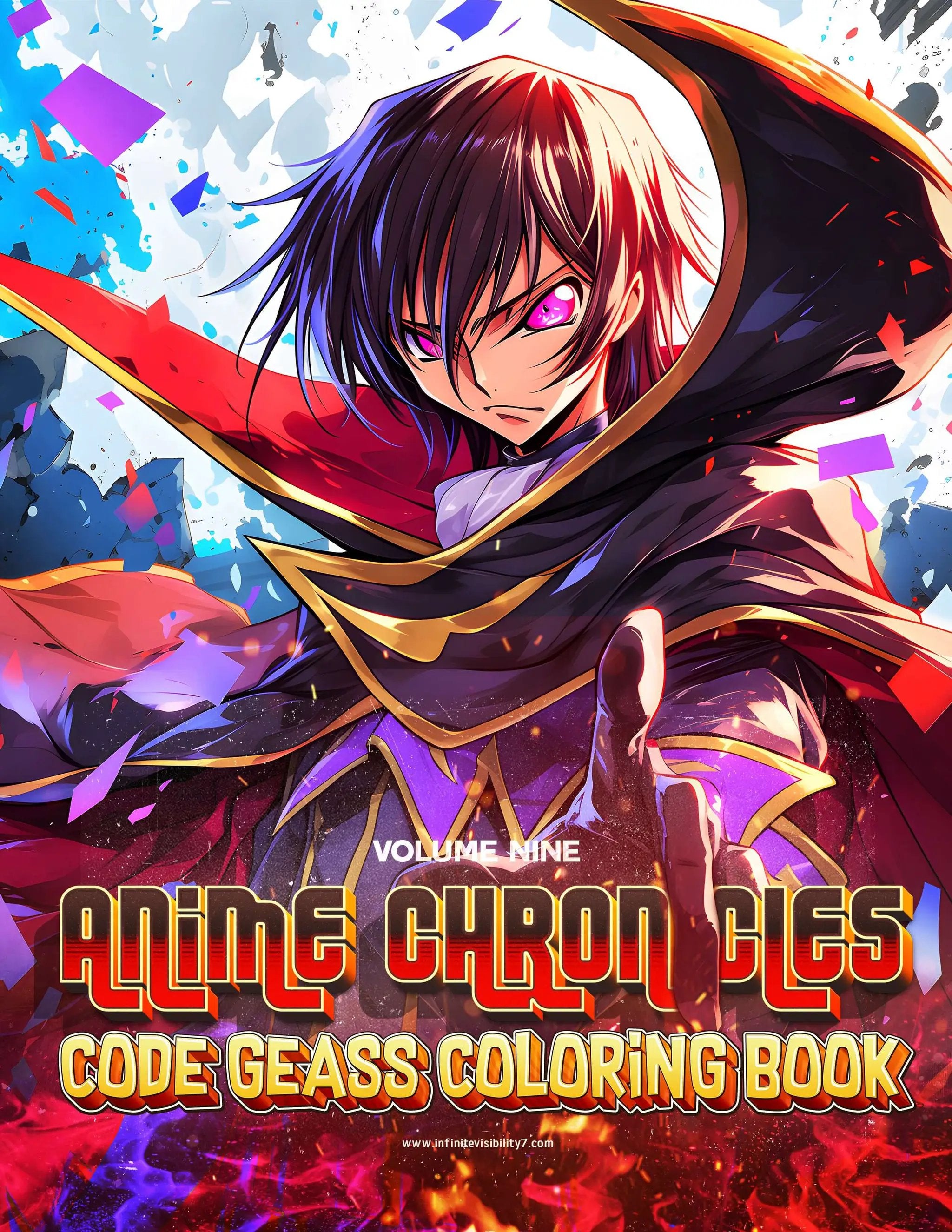 Coloring book titled Anime Chronicles: Rebellion Unleashed! A Code Geass Coloring Book Volume 9 by Infinite Visibility, featuring anime illustrations.