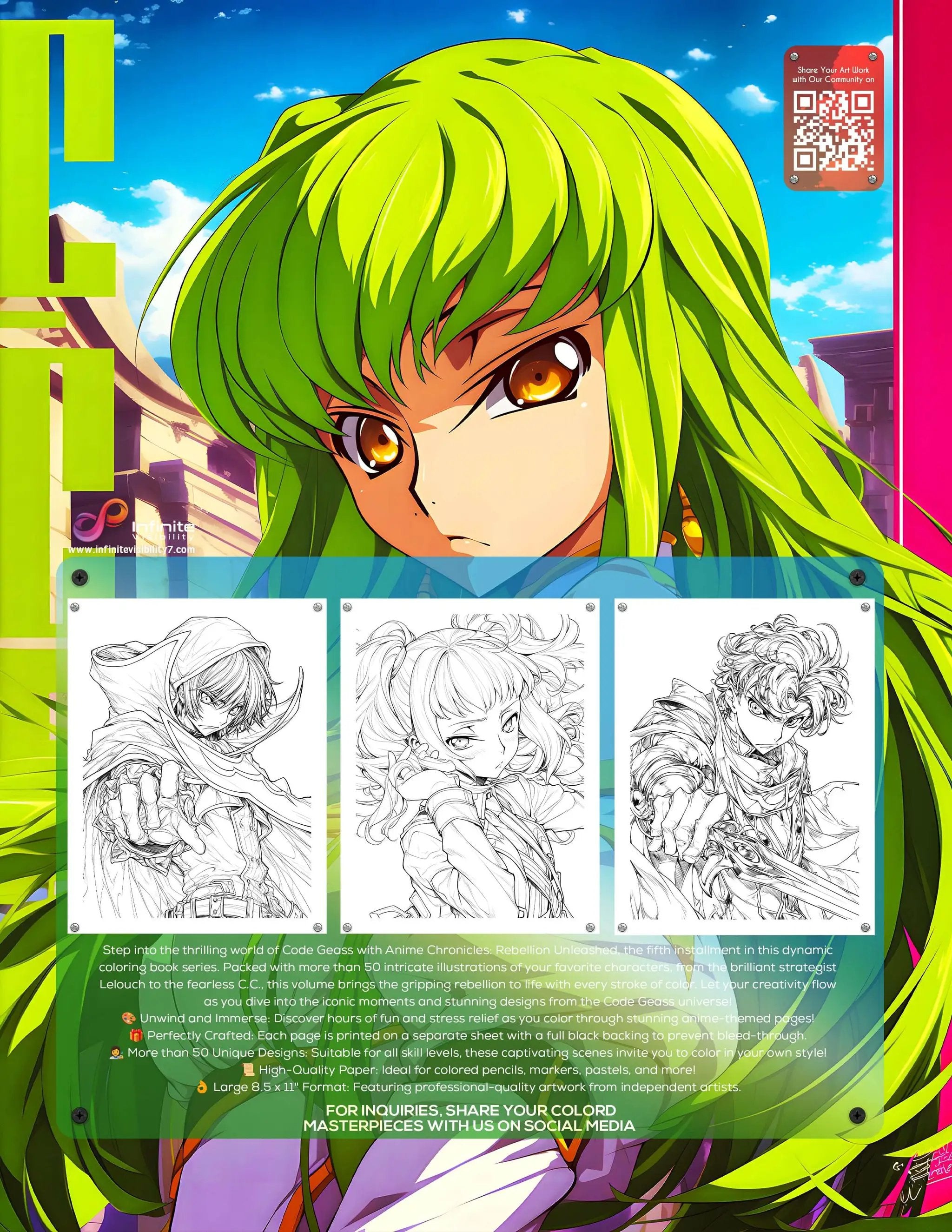 Anime Chronicles Rebellion Unleashed! Code Geass coloring book Volume 9 PDF by Infinite Visibility, featuring vibrant anime characters.