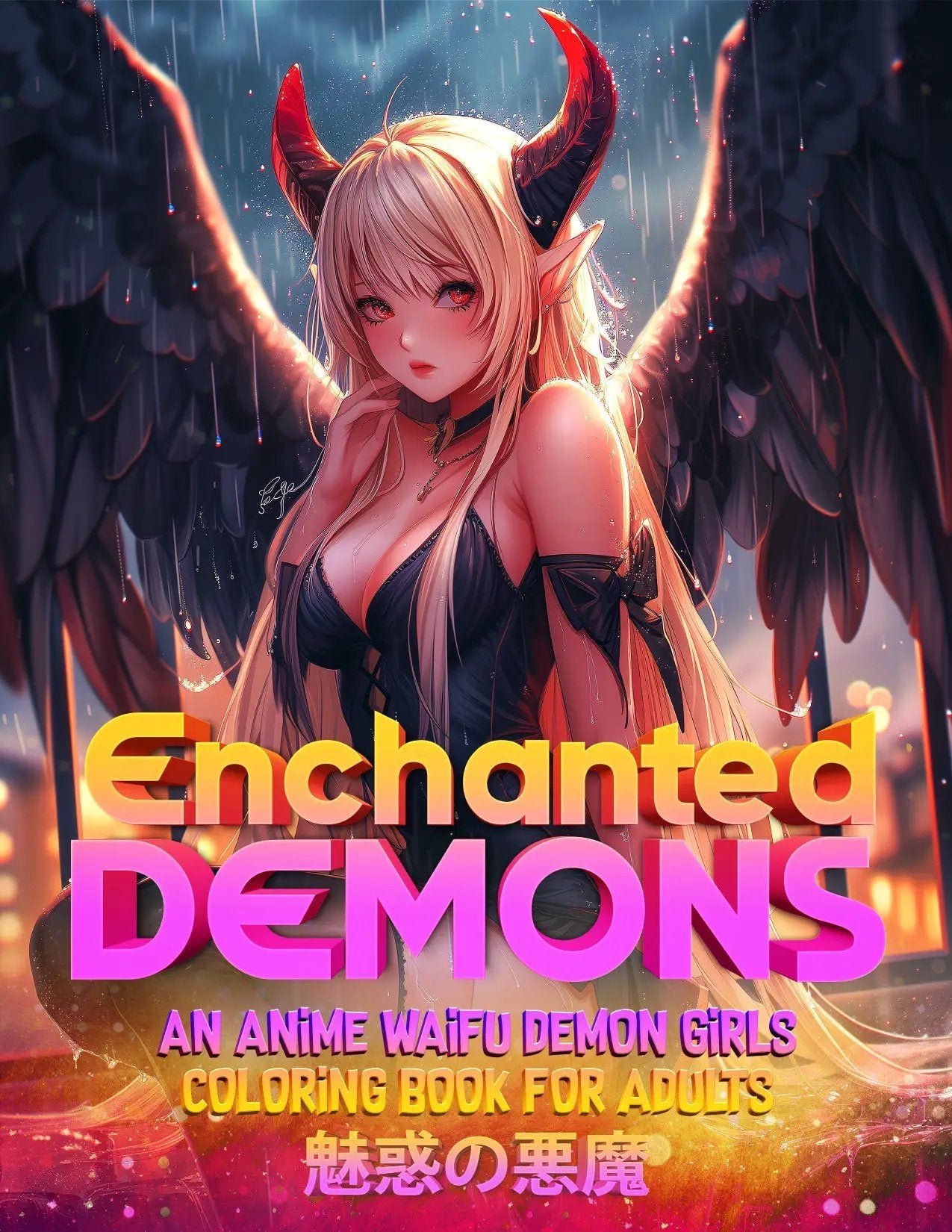 Anime Waifu demon girls coloring book for adults, featuring intricate demon girl illustrations from Enchanted Demons series by Infinite Visibility.