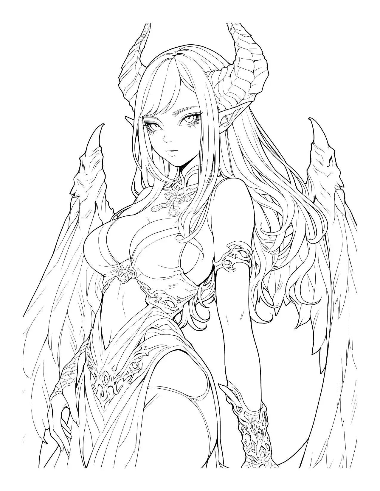 Anime Waifu demon girls coloring book for adults, featuring intricate demon girl illustrations for creative coloring.
