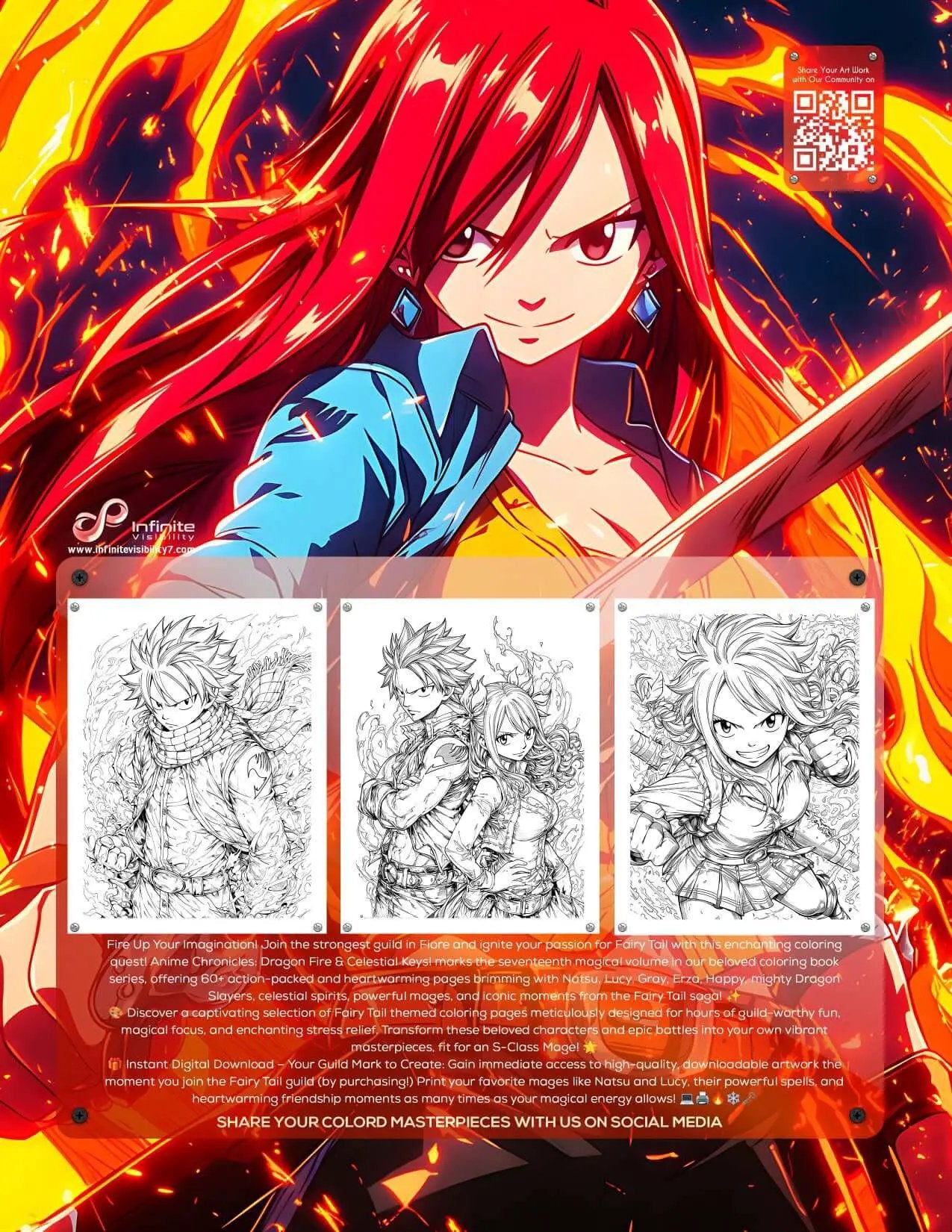 Fairy Tail coloring book PDF download featuring 60 anime-themed pages from Infinite Visibility's Vol. 17.