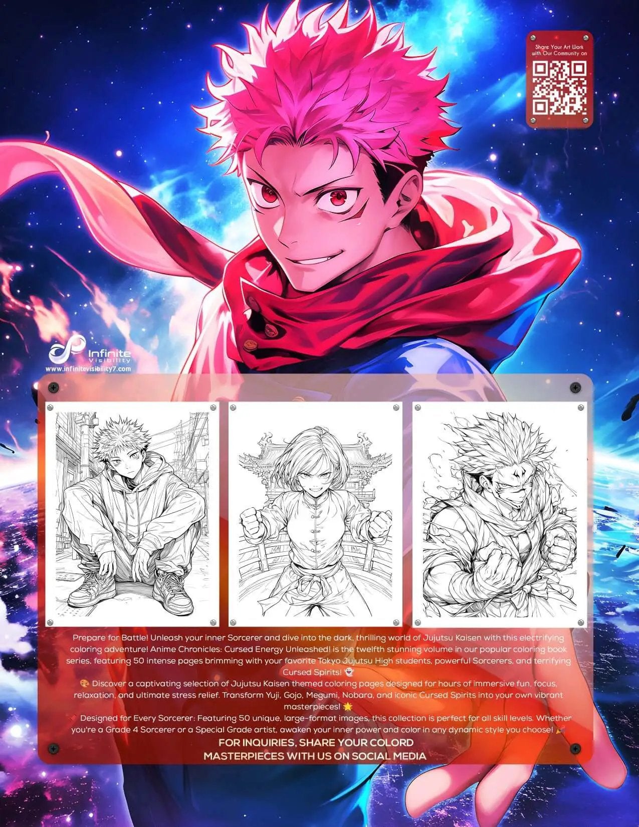 Jujutsu Kaisen coloring book Vol 12 by Infinite Visibility featuring 50 sorcerer pages for anime fans, digital download image.