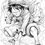Coloring page of Monkey D. Luffy from One Piece with straw hat, ready for digital download, featuring an adventurous Luffy illustration.