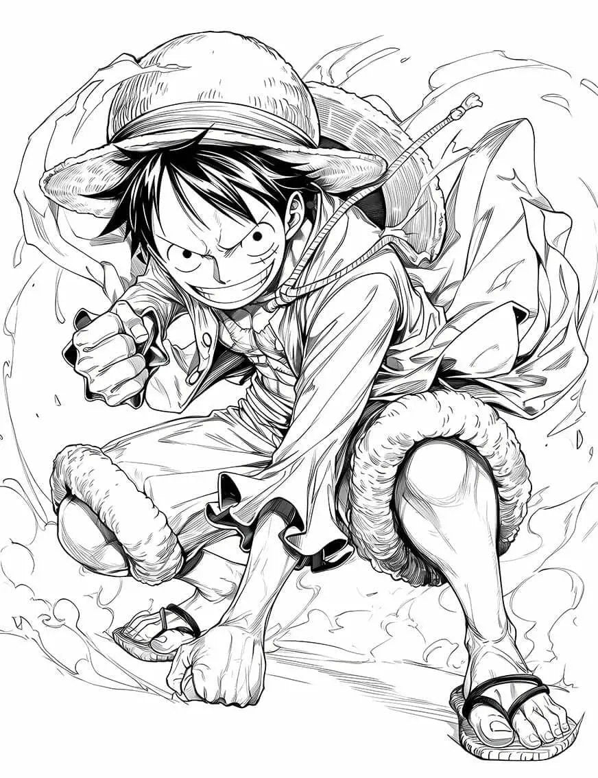 Coloring page of Monkey D. Luffy from One Piece with straw hat, ready for digital download, featuring an adventurous Luffy illustration.