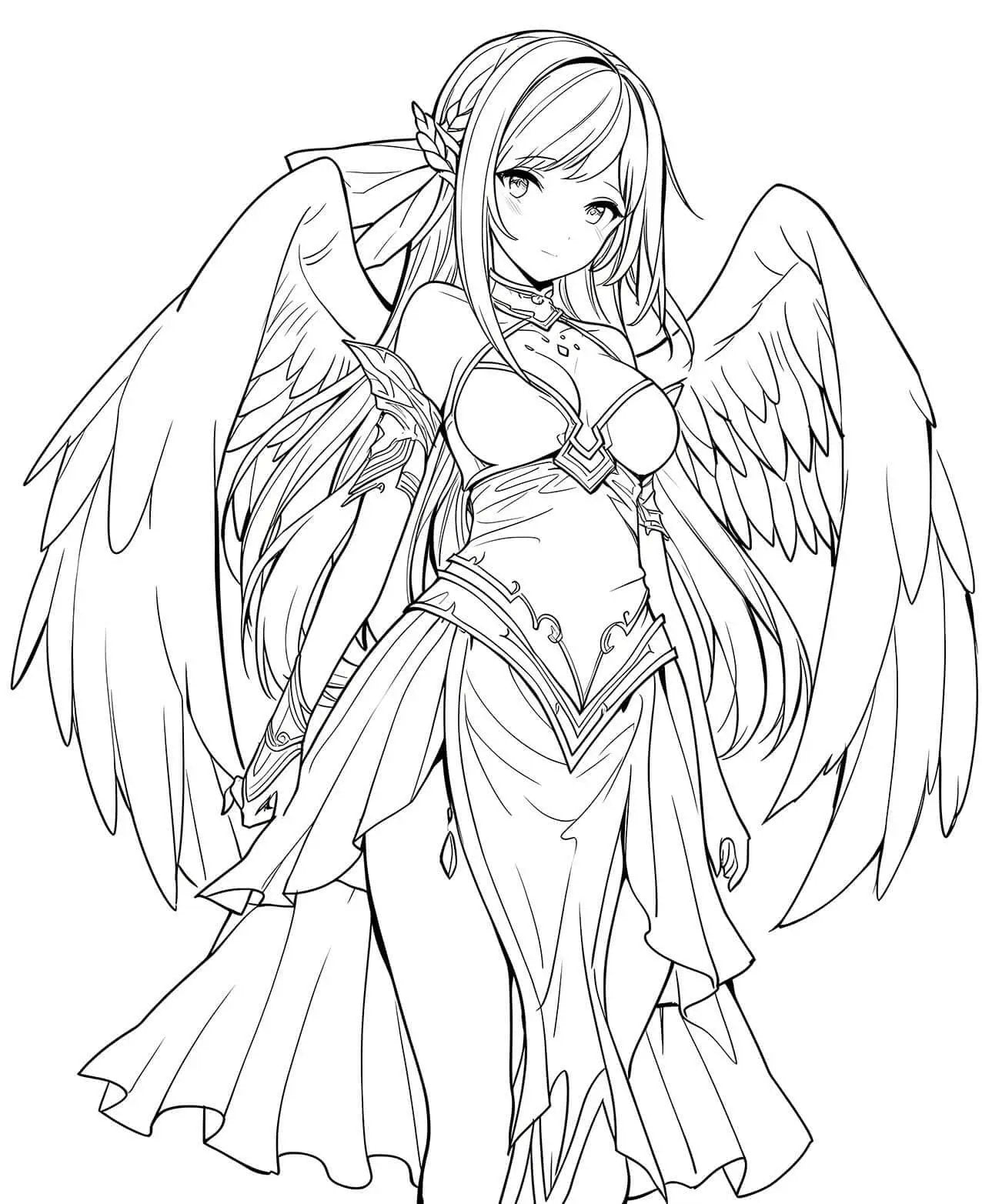 A detailed anime-style coloring page of Aetheria, a guardian angel with wings and flowing hair, designed for coloring by Infinite Visibility.