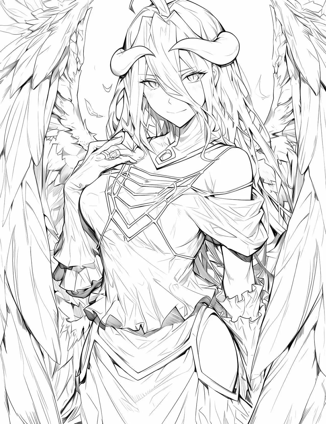 Anime coloring page featuring Albedo from Seraph of Colors, created by Infinite Visibility, with intricate line art for coloring.