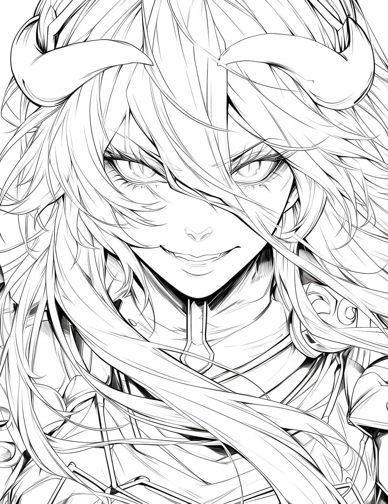Coloring page of Albedo: The Supreme Succubus from Overlord anime, featuring detailed line art for coloring.