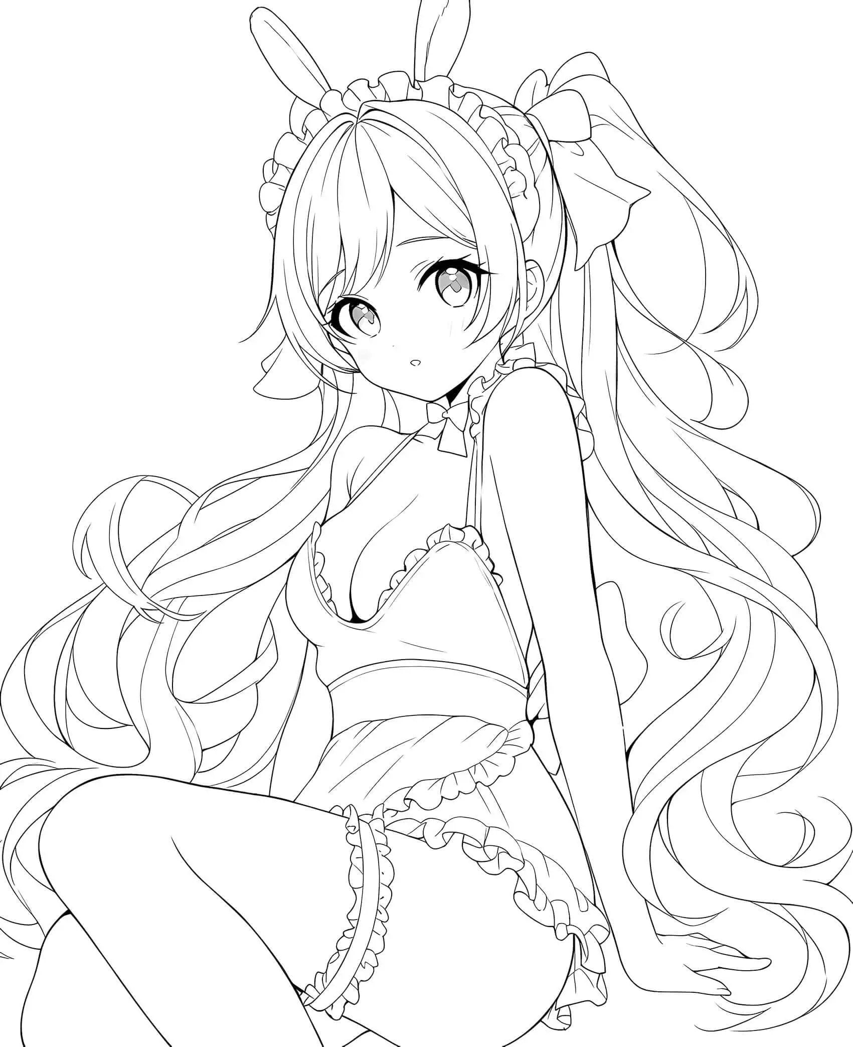 Anime bunny girl waifu coloring page showing seated lingerie pose, detailed line art for instant download by Infinite Visibility.