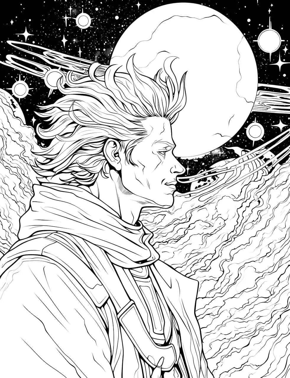 Printable cosmic adventurer coloring page featuring a sci-fi hero, designed by Infinite Visibility for creative coloring.