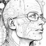 Futuristic cosmic android coloring page featuring a sci-fi portrait by Infinite Visibility, perfect for printable coloring activities.