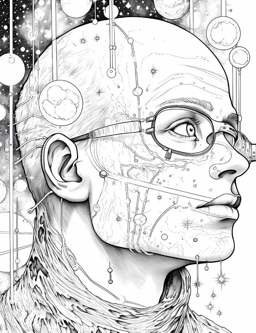 Futuristic cosmic android coloring page featuring a sci-fi portrait by Infinite Visibility, perfect for printable coloring activities.