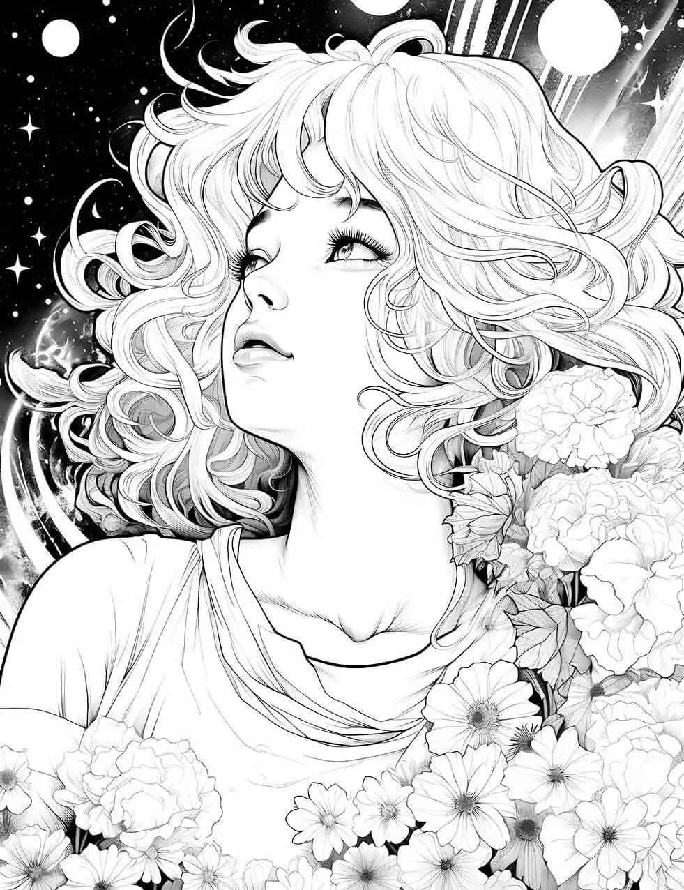 Cosmic Bloom coloring page featuring celestial floral art, downloadable by Infinite Visibility for creative coloring and relaxation.