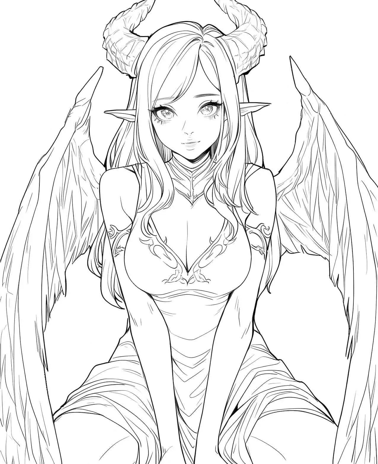 Demonic Grace anime coloring page by Infinite Visibility featuring intricate demonic and mystical design elements.