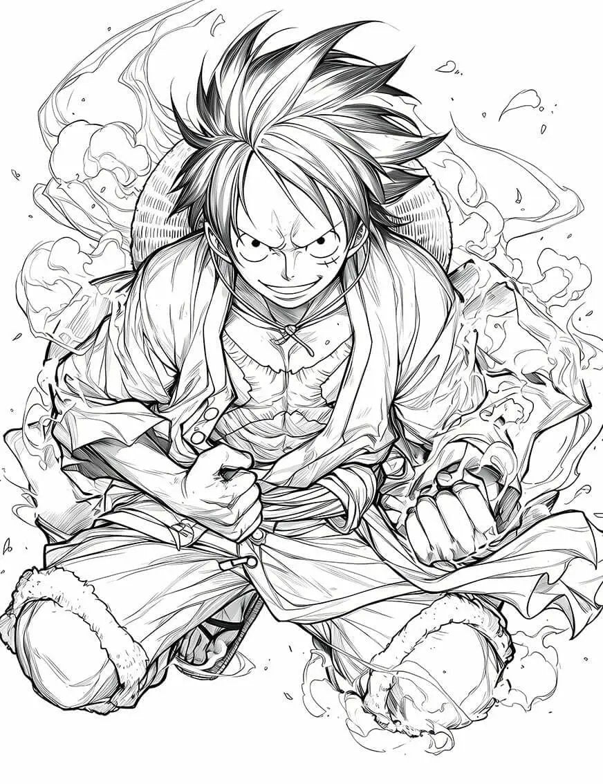 Coloring page of Monkey D. Luffy from One Piece, featuring a determined expression, designed for digital download by Infinite Visibility.