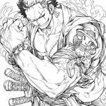 Coloring page of Roronoa Zoro from One Piece, featuring his fierce stance and swords, by Infinite Visibility for fans to color.
