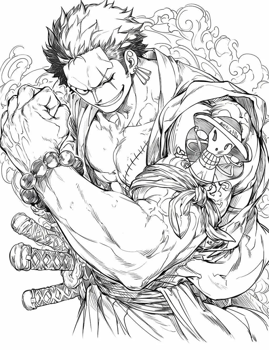 Coloring page of Roronoa Zoro from One Piece, featuring his fierce stance and swords, by Infinite Visibility for fans to color.