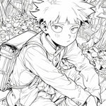 Coloring page featuring Shigeo Kageyama from Mob Psycho 100, with a peaceful scene for creative coloring by fans.
